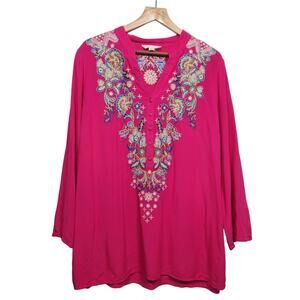 Anthropologie Luna Moon Pink Embroidered Button Up Tunic Top Size XL